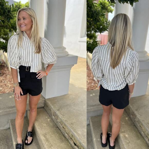 NEW The Femm Button Up 3/4 Sleeves Kate Top Stripe Black and White Size: Large - Picture 1 of 7